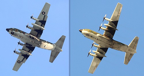 This study compares the underside of the C-130HE (left) with that of a normal C-130H (right). Photos by Jason Tu.